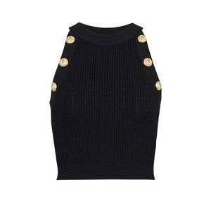 Balmain Paris Black Ribbed Knit Button Crop Top AB022KB39 Made in Italy Size 44